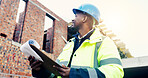 Architect, clipboard and black man on construction site for building inspection, safety or security. Male person, contractor or civil engineer with smile or checklist for project infrastructure