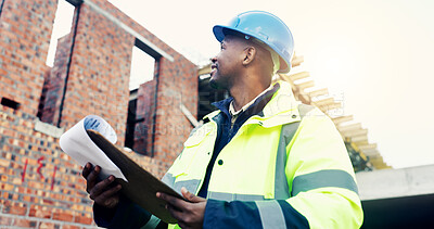 Buy stock photo Architect, clipboard and black man on construction site for building inspection, safety or security. Male person, contractor or civil engineer with smile or checklist for project infrastructure