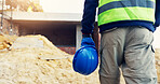 Legs, hardhat or worker walk on construction site for inspection, risk assessment or renovation. Person, space or civil engineer outdoor for quality control, building progress or property development