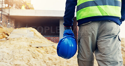 Buy stock photo Legs, hardhat or worker walk on construction site for inspection, risk assessment or renovation. Person, space or civil engineer outdoor for quality control, building progress or property development