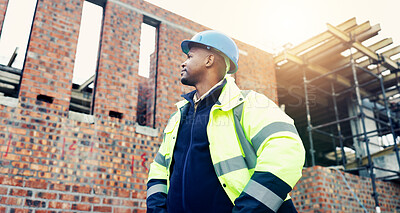 Buy stock photo Man, engineer and choice with thinking in city, helmet and urban development at construction site. Person, architect and perspective for project with infrastructure inspection, low angle and planning