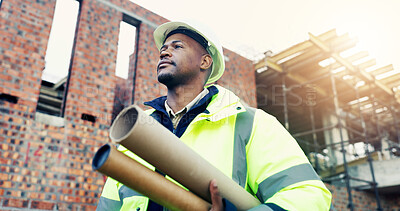 Buy stock photo Construction, thinking or black man outdoor with blueprint, operation plan or mindset in building review. Documents, low angle or engineer with ppe, project insight or progress reflection on site.