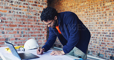 Buy stock photo Engineer, writing and man with blueprint for construction, design and layout for renovation. Male person, tech or document with drawing for architecture, building expansion and floor plan for project