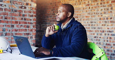 Buy stock photo Thinking, black man and architect in office with laptop for project, city plan or building development. Brainstorming, computer and male structural designer with ideas for blueprint in workplace.
