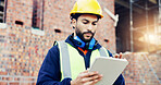 Construction site, engineering and man with internet, tablet for online schedule and renovation. Person, architecture and employee with urban development, connection and tech for building plan