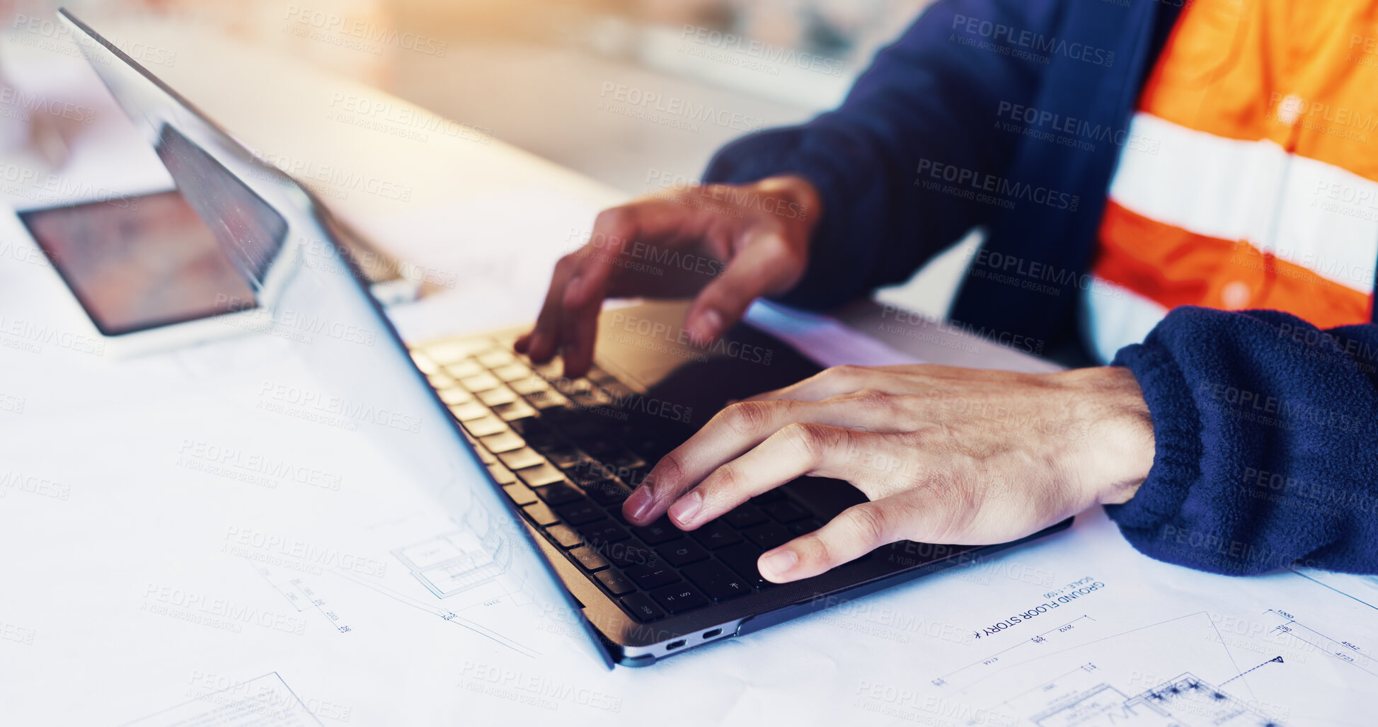 Buy stock photo Architecture, typing and hands of man on laptop for blueprint, building design and online report. Construction, contractor and person on computer for dimensions, research and infrastructure project