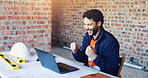 Architecture, fist pump and man on laptop for good news, building approval and compliance report. Construction, contractor and person on computer with success, victory and contract for project
