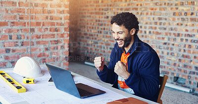 Buy stock photo Architecture, fist pump and man on laptop for good news, building approval and compliance report. Construction, contractor and person on computer with success, victory and contract for project