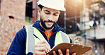 Architect, writing or happy man with clipboard on construction site for building safety or security. Male person, contractor or civil engineer with checklist or hard hat for architecture inspection