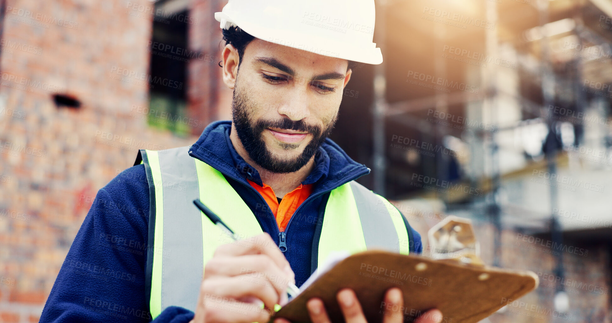 Buy stock photo Architect, writing or happy man with clipboard on construction site for building safety or security. Male person, contractor or civil engineer with checklist or hard hat for architecture inspection