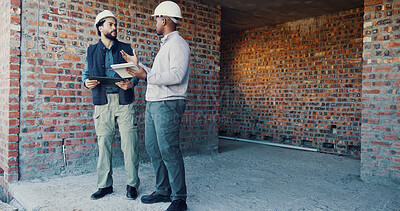 Buy stock photo Engineer, team and talking with tablet for construction, inspection and feedback on renovation. Men, discussion or digital with clipboard for architecture, building expansion and planning for project