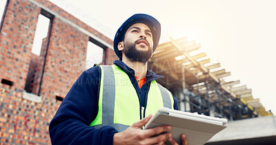 Buy stock photo Construction site, architecture and thinking with man, tablet for online schedule and decision for inspection. Person, engineering and contractor with building plan, choice and tech for renovation