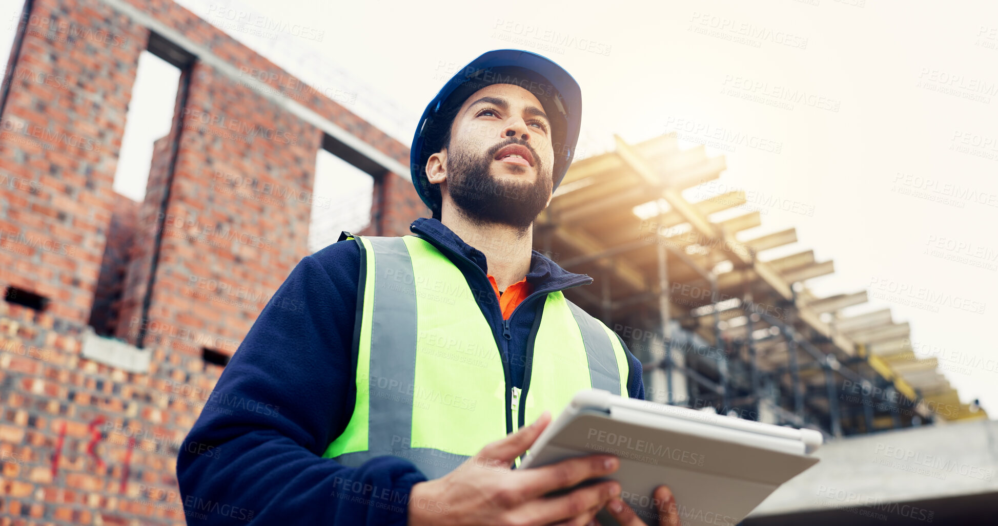 Buy stock photo Construction site, architecture and thinking with man, tablet for online schedule and decision for inspection. Person, engineering and contractor with building plan, choice and tech for renovation