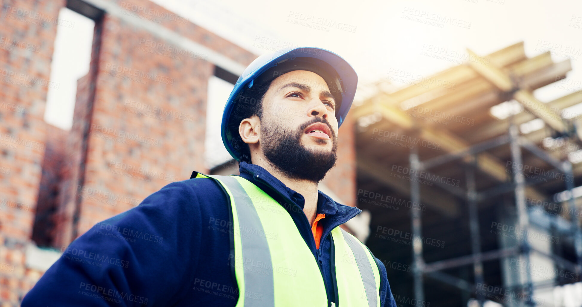 Buy stock photo Man, engineer and construction site with thinking in city, helmet and decision for urban development. Person, architect and choice for project with infrastructure inspection and solution in Mexico