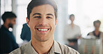 Architect, portrait and man with smile in business, property development and pride for career growth. Office, architecture and happy person with ambition, creative and civil engineering opportunity