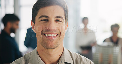 Buy stock photo Architect, portrait and man with smile in business, property development and pride for career growth. Office, architecture and happy person with ambition, creative and civil engineering opportunity