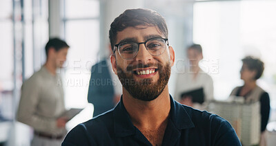 Buy stock photo Property development, portrait or man in office with glasses, about us or pride in site planning. Happy, meeting or architect in agency with eyewear, confidence or career growth as project engineer.