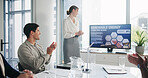 Applause, screen and presentation with businesswoman, renewable energy or wind turbine innovation. Happy team, presenter or clap for eco friendly power, celebrate or sustainability solution at office