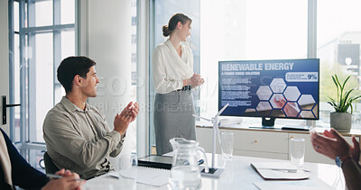 Buy stock photo Applause, screen and presentation with businesswoman, renewable energy or wind turbine innovation. Happy team, presenter or clap for eco friendly power, celebrate or sustainability solution at office