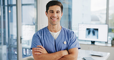 Buy stock photo Arms crossed, portrait and smile of nurse man in hospital for healthcare, medical xray or pulmonology. Help, proud and service with happy person in radiology clinic for internship or residency
