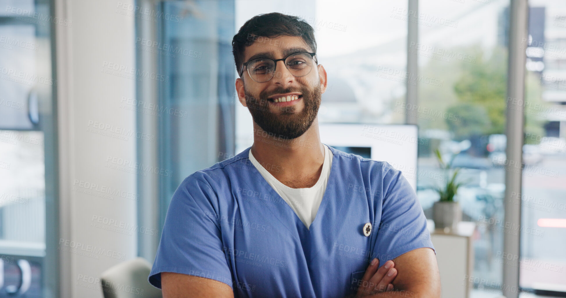 Buy stock photo Arms crossed, portrait and proud with nurse man in hospital for healthcare as medical student. Help, service and smile of happy person in professional clinic for internship, opportunity or residency