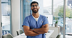 Arms crossed, glasses and portrait of nurse man in hospital for healthcare or medical study as student. Eyewear, proud and smile of happy person in professional clinic for internship or residency