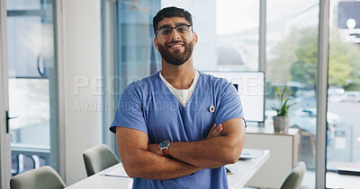 Buy stock photo Arms crossed, glasses and portrait of nurse man in hospital for healthcare or medical study as student. Eyewear, proud and smile of happy person in professional clinic for internship or residency