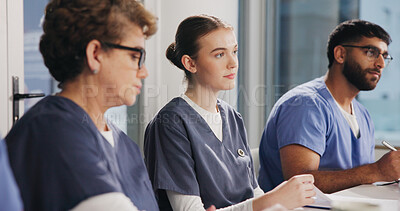 Buy stock photo Woman, nurse and group in hospital for meeting, update procedure and planning for healthcare. Attentive, team and medical department in workplace for shift schedule, task delegation and workshop
