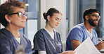 Paperwork, nurse and team in hospital for meeting, update procedure and planning for healthcare. Woman, group and medical department in workplace for shift schedule, task delegation and documents