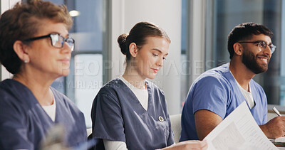 Buy stock photo Paperwork, nurse and team in hospital for meeting, update procedure and planning for healthcare. Woman, group and medical department in workplace for shift schedule, task delegation and documents