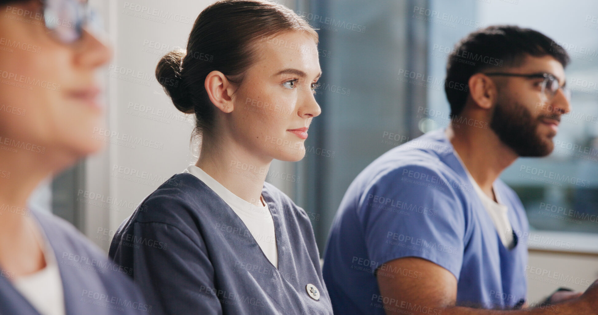 Buy stock photo Woman, nurse and team in hospital for meeting, update procedure and planning for healthcare. Attentive, group and medical department in workplace for shift schedule, task delegation and workshop