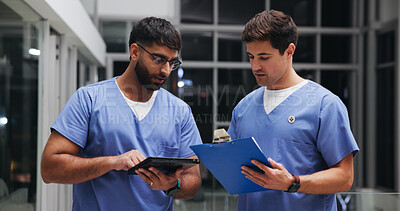 Buy stock photo Healthcare, team and nurses with tablet for discussion, night schedule or diagnosis feedback. Tech, medical workers and men planning in clinic on overtime, insurance records or clipboard report