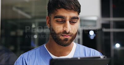 Buy stock photo Night, nurse and man with tablet for healthcare records, research or admin schedule in hospital. Tech, medical worker and person in clinic with insurance info, reading report or telehealth app