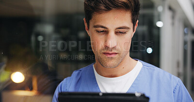 Buy stock photo Night, nurse and man with tablet for medical records, research or admin schedule in hospital. Tech, healthcare worker and person in clinic with insurance info, reading report or telehealth by window