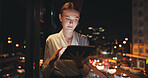 Business, tablet and woman in city at night for building evaluation, realtor listing or connection. Real estate, agent and technology on balcony with space, online website or digital app by bokeh