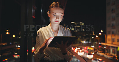 Buy stock photo Business, tablet and woman in city at night for building evaluation, realtor listing or connection. Real estate, agent and technology on balcony with space, online website or digital app by bokeh