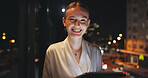Business, tablet and portrait of woman outdoor at night for city building, realtor listing or pride. Real estate, agent and technology on balcony with smile, working late or development by bokeh