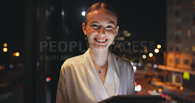 Buy stock photo Business, tablet and portrait of woman outdoor at night for city building, realtor listing or pride. Real estate, agent and technology on balcony with smile, working late or development by bokeh