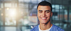 Nurse, healthcare and man with smile in hospital for medical service, career pride or banner. Space, professional or portrait in clinic for health integrity, clinical expertise or about us confidence
