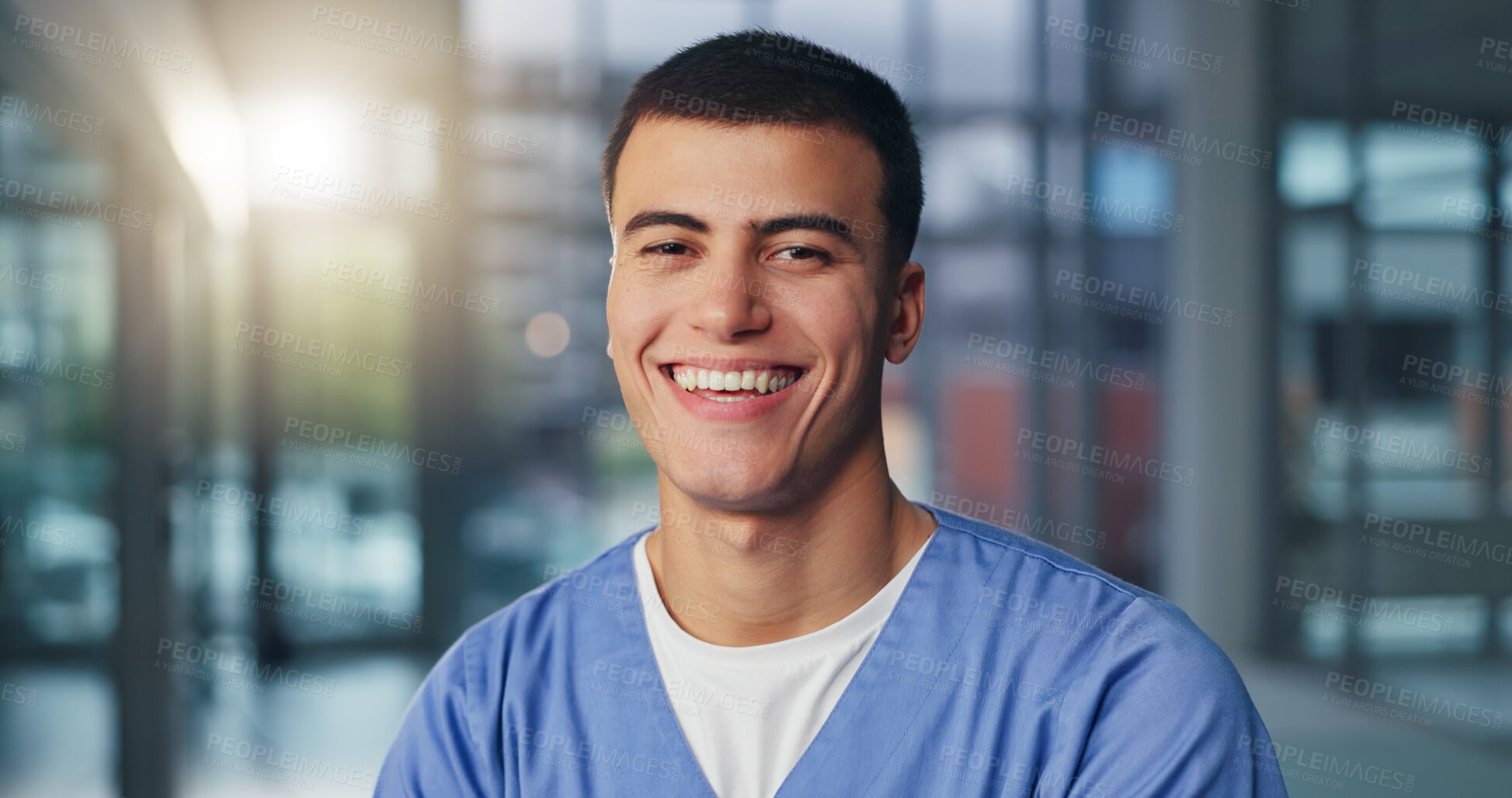 Buy stock photo Nurse, healthcare and man with smile in clinic for medical service, career pride and about us. Portrait, professional or happy in hospital for health support, clinical expertise or confidence at work