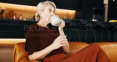 Buy stock photo Relax, drinking coffee and mature woman in home, thinking and rest with peace on weekend break. Morning beverage, calm and person in living room on sofa with perspective, vision or wellness idea