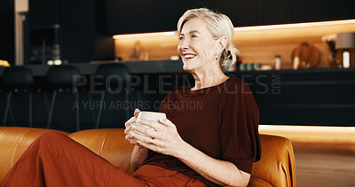 Buy stock photo Thinking, coffee and mature woman in home, smile and relax with peace on weekend break. Morning beverage, happiness and person in living room on sofa with perspective, vision and wellness idea