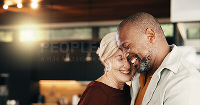 Buy stock photo Interracial couple, hug and man with smile, reunion and love or commitment for relationship. Happy, mature people and security with embrace, romance and space with bonding and partner in home