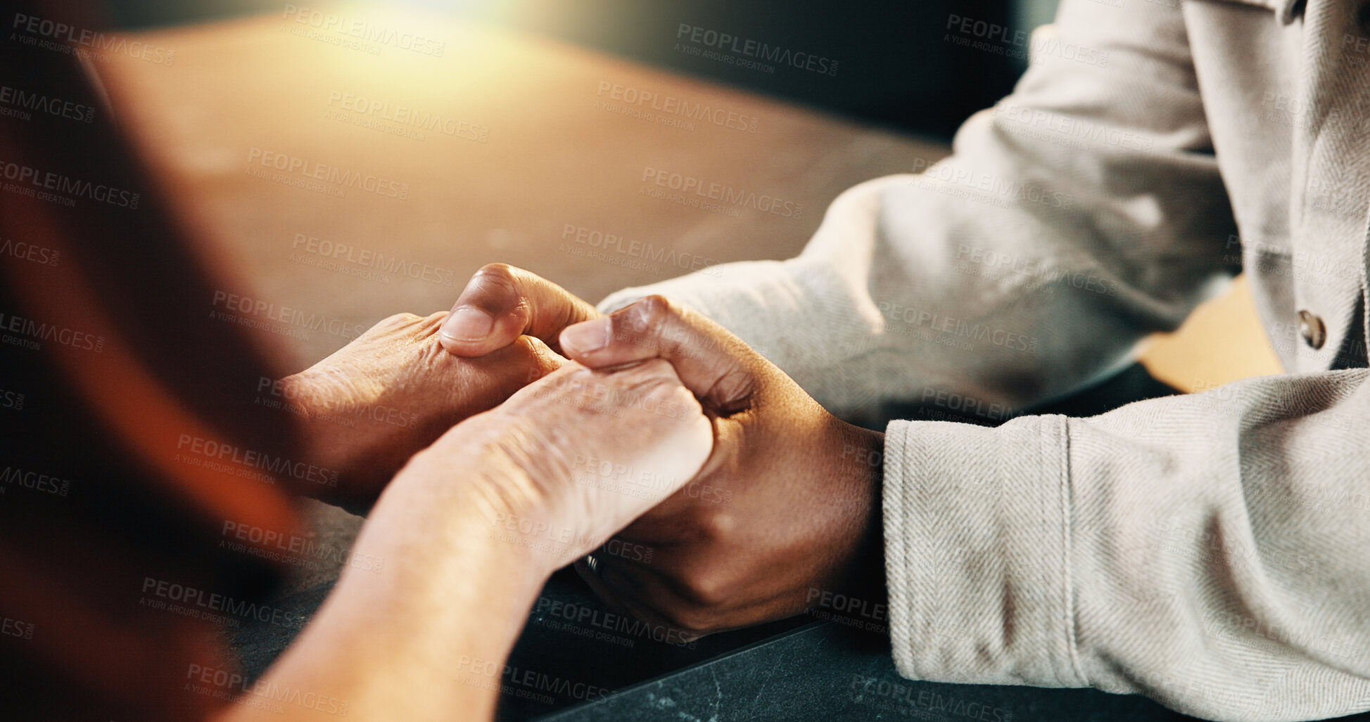 Buy stock photo Holding hands, trust and couple in home with comfort, bonding and love in marriage on weekend. Commitment, solidarity and man with woman for connection. loyalty and support in relationship at house.