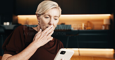 Buy stock photo Shocked, woman and texting with phone, home and communication with contact or gossip on social media. Reading, news and mature person with mobile in living room, surprised and networking on website