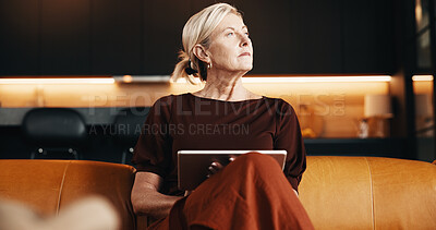 Buy stock photo Serious, thinking and woman with tablet on couch, relax or confident with app subscription in lounge. Online, entertainment and mature person with tech for ebook, reflection and thoughts in house