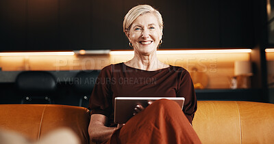 Buy stock photo Happy, portrait and woman with tablet on couch, relax and confident with app subscription in lounge. Online, entertainment and mature person with tech for ebook, pride and chill with smile in house