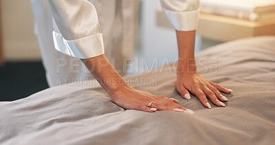 Buy stock photo Hands, morning and woman making bed in hotel for daily routine, fresh fabric or maintenance. Change, cleaning and tidy with person in bedroom of accommodation for chores, housework or responsibility