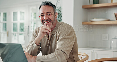 Buy stock photo Mature, laptop and portrait of happy man in home for remote work, network or connection. Male person, smile or computer in kitchen for freelance business, online research or career pride in house