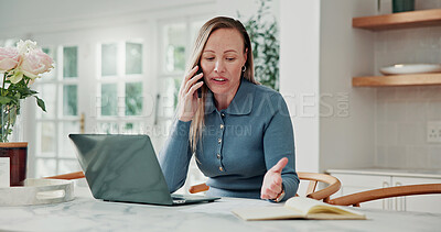 Buy stock photo Woman, laptop and notebook in home with phone call, remote work or discussion for calendar organization. Freelance, virtual assistant and person in house with computer, contact or diary for schedule.